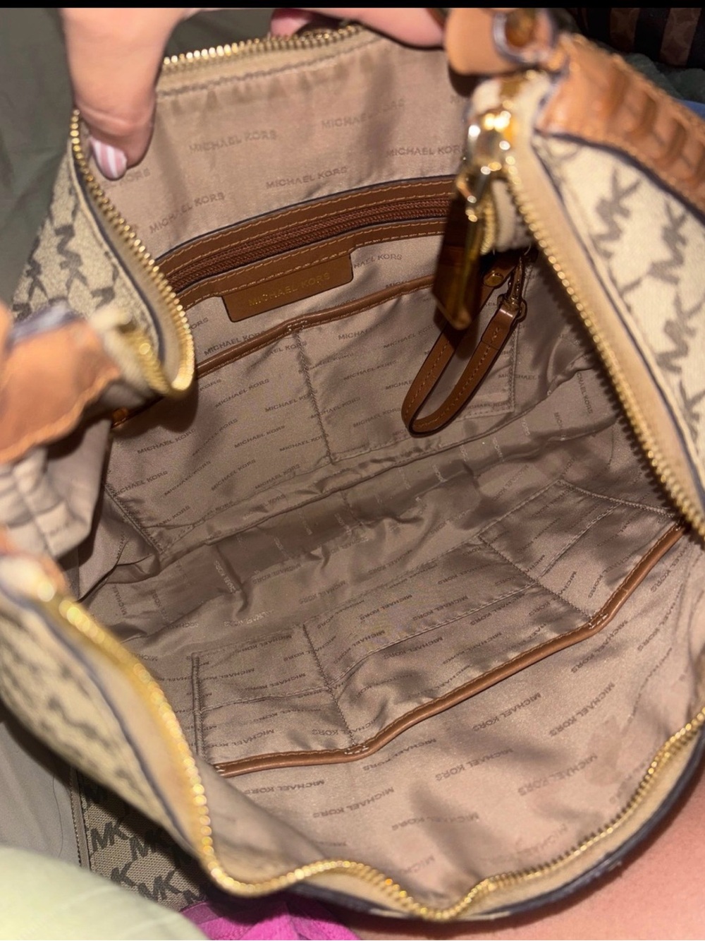 Michael Kors Beige and Brown MK Signature Shoulder Bag with Tassel & wallet - Picture 5 of 11